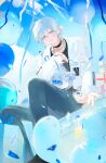  1boy absurdres balloon beads beckoning black_collar blue_eyes box chain chain_necklace character_name cloud collar collarbone commentary crew_neck crq7kajl double-parted_bangs ermine feet_out_of_frame from_below gift gift_box hair_beads hair_between_eyes hair_ornament hand_up highres iro_cloud jacket jewelry long_sleeves looking_at_viewer male_focus necklace one_side_up open_clothes open_jacket parted_lips pendant_collar pom_pom_(clothes) pom_pom_hair_ornament sidelighting sitting skoshism smile solo streamers stuffed_animal stuffed_fox stuffed_sheep stuffed_toy untranslatable_commentary utaite virtual_youtuber weasel white_hair white_jacket 