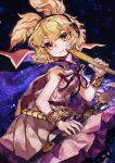  1girl black_ribbon blonde_hair bracelet cape commentary earmuffs hair_between_eyes highres holding holding_sword holding_weapon jewelry looking_at_viewer medium_hair neck_ribbon open_mouth orange_eyes pink_shirt pointy_hair purple_cape purple_skirt red_cape ribbon ritual_baton sayoko404 sheath sheathed shirt skirt sleeveless sleeveless_shirt smile solo starry_sky_print sword touhou toyosatomimi_no_miko two-sided_cape two-sided_fabric weapon 