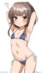  1girl ? absurdres arms_behind_head bikini blunt_bangs brown_eyes brown_hair commentary dated flat_chest highres kantai_collection lowleg lowleg_bikini navel one-hour_drawing_challenge ray.s short_hair_with_long_locks side-tie_bikini_bottom simple_background solo standing swimsuit twitter_username ukuru_(kancolle) white_background 
