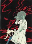  1960s_(style) 1girl 3boys aqua_skin ascot black_eyes black_hair blank_eyes blood blood_on_clothes blood_on_weapon blue_pants border brown_sweater character_request colored_skin floating_hair fog frilled_nightgown hand_up highres holding holding_knife holding_weapon kaiki_daisakusen knife kuwata_jirou leaning_to_the_side long_hair looking_at_another maki_shirou multiple_boys nightgown nomura_hiroshi official_art painting_(medium) pants parted_lips retro_artstyle scared standing sweater third-party_source traditional_media weapon white_ascot white_border white_nightgown wide-eyed 