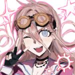  1girl :d ;d antenna_hair barbed_wire black_choker blonde_hair blue_eyes breasts choker commentary_request danganronpa_(series) danganronpa_v3:_killing_harmony fingerless_gloves gloves goggles goggles_on_head hair_between_eyes hand_up highres iruma_miu long_hair one_eye_closed pink_shirt sailor_collar shirt smile solo star_(symbol) v wa_wa_chitchi white_background white_sailor_collar 