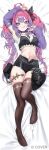  1girl :3 :q ahoge arm_up arm_warmers bed_sheet belt_pouch black_bow black_bra black_choker black_shorts black_thighhighs blue_eyes bow bra bra_over_clothes breasts choker clothing_cutout colored_inner_hair commentary_request copyright_notice cosmetics crop_top cropped_shirt dakimakura_(medium) full_body gradient_hair hair_bow hair_intakes heart_pouch highres hololive hololive_dev_is kikirara_vivi kikirara_vivi_(1st_costume) lipstick_tube long_hair looking_at_viewer lying midriff multicolored_hair navel no_shoes nonco official_art open_fly pink_hair pouch purple_arm_warmers purple_hair shirt short_shorts short_sleeves shorts shoulder_cutout simple_background solo star-shaped_pupils star_(symbol) symbol-shaped_pupils thighhighs tongue tongue_out twintails two-tone_hair underwear very_long_hair virtual_youtuber white_background white_shirt 
