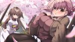  2girls :d :o absurdres black_pantyhose black_skirt blurry blurry_background blush breasts brown_cardigan brown_eyes brown_hair brown_shirt cardigan cherry_blossoms commentary cowboy_shot day depth_of_field dress dutch_angle eyes_visible_through_hair falling_petals flat_chest folded_ponytail frilled_shirt frills gabanborjarnon green_eyes hair_between_eyes hanami hands_on_own_hips highres jewelry large_breasts long_hair long_sleeves looking_at_viewer miniskirt multiple_girls nagayama_kana necklace open_mouth outdoors pantyhose petals pinafore_dress pink_hair pink_shirt pleated_skirt sakura_no_toki sakura_no_uta shirt sitting skirt sleeveless sleeveless_dress smile smug soap_bubbles standing toritani_makoto tree two_side_up v-shaped_eyebrows very_long_hair white_dress 