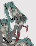  3girls aqua_eyes aqua_hair aqua_necktie aqua_trim black_sleeves blood blood_on_clothes blood_on_face blood_on_weapon breasts detached_sleeves evil_smile full_body hammer hatsune_miku holding holding_hammer injury long_hair looking_at_viewer multiple_girls murder necktie number_tattoo one_eye_closed pankepen shirt skirt sleeveless sleeveless_shirt smile tattoo thighhighs twintails very_long_hair vocaloid weapon white_shirt 
