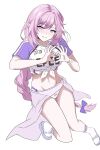  1girl braid clothes_writing commentary_request elf elysia_(herrscher_of_human:_ego)_(honkai_impact) elysia_(honkai_impact) elysia_(summer_2024)_(honkai_impact) four-finger_heart_hands heart heart_hands highres honkai_(series) honkai_impact_3rd koitimon8 long_hair looking_at_viewer midriff multicolored_hair navel official_alternate_costume pink_hair pointy_ears purple_eyes sarong simple_background slippers smile socks solo symbol-shaped_pupils two-tone_buruma two-tone_hair two-tone_shirt very_long_braid very_long_hair white_background white_hair white_sarong white_socks 
