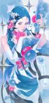  1girl absurdres blue_eyes blue_hair blue_nails chinese_commentary choker closed_mouth commentary_request dddadali dress elbow_gloves eyelashes fingernails food-themed_hair_ornament fruit_hair_ornament gloves hair_ornament highres limited_palette lips long_hair looking_at_viewer nail_polish original single_glove solo star_(symbol) star_hair_ornament white_gloves 