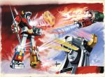  1980s_(style) breath_weapon breathing_fire closed_mouth cross eye_beam fangs fire gattai golion_(mecha) horns hyakujuu-ou_golion mecha mecha_focus missile mouth_beam mouth_missile multiple_heads multiple_views no_humans official_art okazaki_toshio open_mouth painting_(medium) portrait retro_artstyle robot standing super_robot third-party_source traditional_media yellow_eyes yellow_horns 