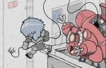 1girl 1other :3 armored_boots bodysuit boots building bulletproof_vest cable chibi commentary cyberpunk cyborg english_commentary fuchikoma full_body ghost_in_the_shell gloves grappling_hook half_dead_ant highres kusanagi_motoko mecha non-humanoid_robot on_mecha open_mouth outdoors purple_hair red_eyes robot rooftop scene_reference science_fiction spider_tank sweat the_ghost_in_the_shell_(2026) vest walker_(robot) zoom_layer 