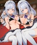  2girls absurdres bare_shoulders bikini black_bikini black_ribbon black_skirt blurry blurry_background blush bow bowtie breast_press breasts cleavage clothes_lift commentary detached_collar frilled_bikini frilled_wristband frills fur-trimmed_skirt fur_trim grey_hair hair_intakes hair_ribbon highres indoors itohana large_breasts lifting_another's_clothes long_hair looking_at_viewer maid maid_bikini maid_headdress multiple_girls open_mouth original purple_bow purple_bowtie purple_eyes ribbon siblings sitting skirt skirt_lift steaming_body strap_pull swept_bangs swimsuit thighhighs triangle_bikini_top twins unconventional_maid untied_bikini_top v white_thighhighs 