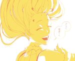  1girl :d ^_^ backlighting bare_shoulders bleach bleach:_sennen_kessen-hen blood blood_drop closed_eyes commentary_request eidamtoadam facing_viewer fancy_embedded_notes floating_hair forehead from_behind inoue_orihime limited_palette long_hair nose open_mouth portrait shirt simple_background smile solo speech_bubble teeth torn_clothes torn_shirt translated white_background 