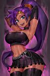  1girl :d armpits arms_up asymmetrical_sleeves bare_shoulders belt black_belt black_choker black_skirt black_thighhighs black_tube_top blue_eyes breasts choker commentary cowboy_shot crop_top dark-skinned_female dark_skin detached_sleeves earrings english_commentary eyeshadow facial_tattoo fishnet_sleeves fishnets heart heart_tattoo high_ponytail highres jewelry large_breasts linea_alba long_hair looking_at_viewer makeup midriff miniskirt navel notice_lines open_mouth ponytail presenting_own_armpit purple_eyeshadow purple_hair saiykik shantae shantae_(series) skirt smile solo strapless studded_belt studs tattoo teeth thighhighs thighs tube_top upper_teeth_only very_long_hair zettai_ryouiki 