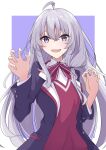  1girl black_jacket blazer collared_shirt commentary_request elaina_(majo_no_tabitabi) grey_hair hair_between_eyes highres jacket light_blush long_hair looking_at_viewer majo_no_tabitabi nail_polish nayuta_nayu19 open_mouth purple_eyes shirt smile solo very_long_hair white_shirt 