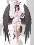  1girl absurdres black_hair black_wings blue_archive blush bra breasts cleavage commentary ddog dress english_commentary feathered_wings full_body garter_straps gloves groin hair_between_eyes halo hasumi_(blue_archive) hat highres huge_breasts long_hair low_wings mask mask_pull mole mole_under_eye mouth_mask nurse nurse_cap panties pantyshot ponytail puffy_short_sleeves puffy_sleeves red_eyes red_halo shoes short_dress short_sleeves shrug_(clothing) solo string_bra thighhighs thighs underwear very_long_hair white_bra white_dress white_gloves white_panties white_shoes white_shrug white_thighhighs wings zoom_layer 