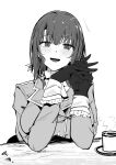 1girl :d absurdres ascot black_gloves black_hair blush breasts commentary cup elbow_rest endou_(zettai_bluenoid) gloves greyscale highres holding_hands interlocked_fingers kantai_collection large_breasts long_sleeves looking_at_viewer military military_uniform monochrome open_mouth own_hands_clasped own_hands_together plate saucer short_hair simple_background smile solo steam steaming_cup takao_(kancolle) white_background 