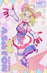  1girl ahoge artist_logo ashton_marten_(vtuber) belt blonde_hair breasts character_name chinchilla_ears chinchilla_girl chinchilla_tail cleavage_cutout clothing_cutout commentary dress elbow_gloves english_commentary gloves green_eyes hairband highres indie_virtual_youtuber klaeia logo looking_at_viewer open_mouth outstretched_arms outstretched_hand pink_belt reaching reaching_towards_viewer roller_skates see-through_clothes see-through_skirt short_hair skates skirt solo teeth thighhighs upper_teeth_only virtual_youtuber white_gloves 