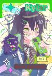  1girl bags_under_eyes bandaid bandaid_on_cheek bandaid_on_face black_hair blue_jacket character_name chibi chibi_inset collared_shirt commentary_request degrees_of_lewdity dot_nose double-parted_bangs english_text fazernuo54188 fingernails green_eyes green_jacket hair_between_eyes hair_ornament hairclip heart heart_hair_ornament highres holding holding_phone holding_strap hood hood_down hooded_jacket jacket kylar_(degrees_of_lewdity) kylar_(female)_(degrees_of_lewdity) long_hair long_sidelocks long_sleeves looking_at_viewer open_clothes open_jacket parallel_hairclips phone profanity school_uniform shirt sidelocks simple_background sparkle split_mouth sticker sticker_on_face sweatdrop text_messaging upper_body white_shirt zipper 