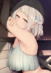 1girl absurdres against_wall arched_back arm_support arm_up armpit_focus armpits bikini blue_eyes blue_ribbon blush braid breasts cleavage commentary ear_blush gakuen_idolmaster grey_bikini grey_hair hair_ribbon half_up_braid hand_on_own_arm highres idolmaster katsuragi_lilja light_smile looking_at_viewer looking_to_the_side medium_breasts outdoors raised_inner_eyebrows ribbon ribbon_in_braid ruffle_bikini short_hair sky_cappuccino solo sweat sweaty_armpits swimsuit upper_body wooden_wall 