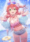  1girl ahoge atatatatame01 ball beachball belt belt_collar bikini bikini_bottom_under_shorts bikini_under_clothes blue-tinted_eyewear blue_shorts blurry blurry_background breasts buckle cat-shaped_eyewear character_name cloud collar commentary_request cowboy_shot criss-cross_halter cumulonimbus_cloud cutoffs day denim denim_shorts eyewear_on_head fingernails floating_hair frilled_bikini frills green_eyes hair_between_eyes hair_ornament hair_scrunchie halterneck hands_up heart heart-shaped_buckle heart_pendant highres hololive hololive_dreams innertube jacket large_breasts light_blush long_fingernails long_hair long_sleeves looking_at_viewer micro_shorts nail_polish name_tag_hair_ornament navel o-ring o-ring_thigh_strap ocean one_side_up open_clothes open_jacket open_mouth outdoors pink_bikini pink_hair pink_nails pink_scrunchie plaid_bikini plaid_clothes puffy_long_sleeves puffy_sleeves sakura_miko sakura_miko_(radiant_beach_shot) scrunchie shorts side-tie_bikini_bottom skindentation smile solo sparkle splashing standing string_bikini sunglasses swim_ring swimsuit thigh_belt thigh_strap tinted_eyewear virtual_youtuber water water_drop wet wet_hair white-framed_eyewear white_belt white_jacket 