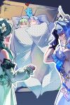 2boys 2girls :3 ^_^ ahoge alyosha_(genshin_impact) arm_strap armband bare_shoulders black_gloves blanket blue_dress blue_hair blue_scarf breasts clenched_hand closed_eyes closed_mouth cowboy_shot detached_sleeves dress earmuffs english_commentary feather_hair_ornament feathers flower from_behind genshin_impact gloves green_hair hair_between_eyes hair_flower hair_ornament hair_over_one_eye hairband hand_on_own_head hand_up heart heart_ornament highres indoors long_hair long_sleeves looking_at_another looking_up lying medium_breasts mitya_(genshin_impact) multiple_boys multiple_girls odette_(genshin_impact) on_back on_bed open_mouth pillow puffy_detached_sleeves puffy_long_sleeves puffy_sleeves scarf short_hair sleeveless sleeveless_dress smile standing strapless strapless_dress surprised teeth two-tone_dress v-shaped_eyebrows very_long_hair viviwi vodyanitsa_(genshin_impact) wavy_hair white_armband white_dress white_feathers white_flower white_hairband white_sleeves yaoi yellow_eyes 