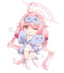  1girl ahoge blue_archive blue_jacket camisole chibi full_body hair_between_eyes hair_bobbles hair_ornament halo highres hoshino_(blue_archive) imro_0000 jacket long_hair long_sleeves looking_at_viewer low_twintails one_eye_closed open_mouth pink_hair pink_halo shorts simple_background sleeves_past_fingers sleeves_past_wrists socks solo stuffed_toy twintails very_long_hair white_background white_camisole white_shorts white_socks yellow_eyes 