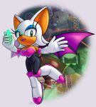  1girl animal_ears bat_ears bat_wings blue_eyeshadow boots espiuuu_(hot_shelter) eyeshadow fangs full_body gem gloves green_eyes grey_background highres holding holding_gem looking_at_viewer makeup rouge_the_bat rouge_the_bat_(adventure) solo sonic_(series) sonic_adventure_2 star_(sky) turtle white_boots white_gloves wings 