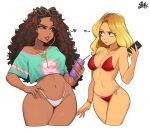  2girls aqua_shirt bikini bikini_girl_(gta_v) blonde_hair blue_eyes breasts brown_eyes brown_hair can cellphone cleavage commentary cover_bikini_girl_(gta_vi) crop_top crop_top_overhang cropped_legs cropped_shirt curly_hair dark-skinned_female dark_skin drink_can energy_drink english_commentary eye_contact eyewear_on_head grand_theft_auto grand_theft_auto_v grand_theft_auto_vi hand_on_own_hip heart highres holding holding_can holding_phone in-franchise_crossover long_hair looking_at_another medium_breasts multiple_girls phone red_bikini shirt simple_background sleak smartphone smile sunglasses swimsuit thong thong_bikini white_background white_bikini wide_hips yuri 