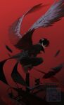  1boy amamiya_ren black_coat black_hair black_wings character_request check_character check_copyright coat copyright_request falling_feathers feathered_wings feathers full_body glowing glowing_eyes highres joker_(persona_5) kitsune_(ly_howe) limited_palette male_focus open_clothes open_coat perched persona persona_5 popped_collar red_eyes short_hair solo squatting wind wind_lift wings 