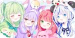  4girls :3 ;3 animal_ear_fluff aokumo_rin blue_eyes blunt_bangs blush commentary green_eyes green_hair green_hoodie grey_hair hair_intakes hair_ornament hairclip hanako_nana heterochromia highres hood hood_down hood_up hoodie long_hair multiple_girls one_eye_closed open_mouth parallel_hairclips pink_hair pink_hoodie purple_eyes purple_hair purple_hoodie sidelocks stellive subin_(subin_2011) tenko_shibuki untranslatable_commentary upper_body virtual_youtuber white_hoodie x_hair_ornament yellow_eyes yuzuha_riko 