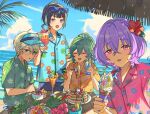  4boys 4piece_(ensemble_stars!) :d :o ahoge anmitsu_(dessert) antenna_hair beach blue_hair blue_shirt blue_sky blunt_bangs braid closed_eyes cloud collared_shirt commentary_request crossed_bangs diamond_mouth double-parted_bangs drink drinking_straw ensemble_stars! erimaki_shippo eyewear_on_head fang floral_print floral_print_shirt flower food fork glasses green_eyes green_hair green_shirt hair_between_eyes hair_flower hair_ornament half_crown_braid hanamura_fuyume hawaiian_shirt hibiscus high_ponytail highres hojo_raika holding holding_drink holding_fork holding_ice_cream_cone holding_spoon ice_cream_cone light_particles long_hair low_ponytail male_focus multiple_boys natsu_kanna ocean orange_shirt outdoors palm_tree pancake pancake_stack pink_eyes pink_shirt plumeria ponytail print_shirt purple_eyes purple_hair raised_inner_eyebrows red_flower round_eyewear sagiri_esu see-through_clothes see-through_headwear shade shirt short_hair short_ponytail sitting sky smile spoon standing sunglasses table tree tropical_drink v-shaped_eyebrows visor_cap water_drop white_flower white_hair wooden_table 