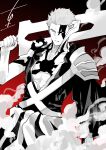  1boy absurdres amejuuri/terunomiya armor bleach bleach:_sennen_kessen-hen commentary_request cowboy_shot demon_horns fighting_stance forehead gradient_background greyscale_with_colored_background hand_up highres holding holding_sword holding_weapon horn_of_salvation horns japanese_clothes kimono kurosaki_ichigo long_sleeves looking_at_viewer male_focus mismatched_sclera over_shoulder parted_lips red_background shikai short_hair shoulder_armor signature simple_background single_horn smoke solo spiked_hair sword sword_over_shoulder torn_clothes torn_kimono true_zangetsu_(shikai) tsurime v-shaped_eyebrows weapon weapon_over_shoulder wide_sleeves 
