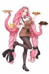  1girl :d alcohol apron beer beer_mug black_pantyhose black_shoes braid breasts brown_apron collared_shirt commentary cup curtained_hair dress_shirt food full_body high_heels highres holding holding_cup kamo_ashi large_breasts looking_at_viewer low_twin_braids maid_headdress margherita_pizza mug neck_ribbon open_mouth original pantyhose pink_hair pizza plate pork red_ribbon ribbed_shirt ribbon shirt shoes short_sleeves simple_background smile solo standing standing_on_one_leg steak strappy_heels suction_cups tentacle_girl tentacle_hair tentacles twin_braids untranslatable_commentary waitress white_background white_shirt yellow_eyes 