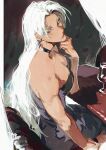  1girl absurdres bare_shoulders black_dress closed_mouth dress earrings highres jewelry jujutsu_kaisen long_hair red_eyes sleeveless solo tsukumo_yuki_(jujutsu_kaisen) vampire white_hair zeiame 