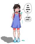  1girl aged_down backpack bag bandaid bandaid_on_leg blue_dress chainsaw_man drawfag dress english_text food hair_ornament hairclip higashiyama_kobeni holding holding_food holding_popsicle nervous_sweating popsicle randoseru shoes short_hair sneakers speech_bubble sweat trembling white_background 