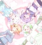  3am ahoge animal_ears aqua_dress blonde_hair blue_hair blue_shirt closed_eyes densetsu.exe dokibird dress eye_mask feather_hair ferret_ears ferret_girl gradient_hair green_hair green_hairband green_sleeves hair_ornament hair_over_one_eye hairband happy highres indie_virtual_youtuber jewelry limealicious long_hair lying mask medium_hair mint_fantome multicolored_hair necklace on_back open_mouth raccoon_girl shirt short_hair shorts smile snuffy_(vtuber) striped_clothes striped_shirt troubleshooter_bun twintails vinesauce virtual_youtuber white_hair white_shirt x_hair_ornament 