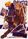  1girl :d absurdres adnachiel_(arknights) animal_ear_fluff animal_ears arknights black_jacket black_shirt black_skirt black_thighhighs blush boots brown_streaks cardigan_(arknights) character_name chibi chibi_inset commentary cosplay dog_ears dog_girl dog_tail dual_wielding english_commentary english_text genieko hair_ornament highres holding holding_knife jacket knee_pads knife long_hair looking_at_viewer multicolored_hair open_clothes open_jacket open_mouth photo_(object) pink_hair purple_eyes request_inset shirt skirt smile solo steward_(arknights) sticker streaked_hair tail thighhighs waai_fu_(arknights) waai_fu_(arknights)_(cosplay) waai_fu_(wild_flower_of_street)_(arknights) 
