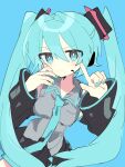  1girl bare_shoulders black_skirt black_sleeves blue_background blue_eyes blue_hair blue_nails blue_necktie blush breasts closed_mouth collared_shirt commentary_request cowboy_shot detached_sleeves double-parted_bangs grey_shirt hair_between_eyes hair_intakes hands_up hatsune_miku highres index_finger_raised kinoshita_shou long_hair long_sleeves looking_at_viewer miniskirt nail_polish necktie shirt simple_background skirt sleeveless sleeveless_shirt small_breasts smile solo tie_clip twintails very_long_hair vocaloid wide_sleeves 