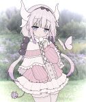  1girl aqua_eyes beads black_bow blue_eyes blunt_bangs blush bow bow_hairband bug butterfly buttons capelet child closed_mouth commentary cowboy_shot curled_fingers dot_nose dragon_girl dragon_horns dress eternalsoulrape frilled_capelet frilled_dress frills gradient_hair hair_beads hair_ornament hairband hand_on_own_chest head_tilt highres horns kanna_kamui kobayashi-san_chi_no_maidragon long_hair long_sleeves looking_at_viewer low_twintails multicolored_eyes multicolored_hair outdoors pale_colors photo_background purple_butterfly purple_hair raised_inner_eyebrows solo sphere_hair_ornament tail thighhighs twintails two-tone_eyes white_thighhighs 