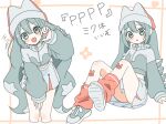  1girl :d blush_stickers commentary cropped_legs double-parted_bangs full_body green_eyes green_hair green_jacket green_shoes hair_between_eyes half-heart_hands hand_up hat hatsune_miku highres iroha_(pcrx7327) jacket leaning_forward long_hair long_sleeves looking_at_viewer miniskirt multiple_views open_mouth pleated_skirt pppp_(vocaloid) red_socks shoes sitting skirt smile socks standing translation_request twintails very_long_hair vocaloid white_hat white_skirt 