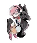  1girl baa_runrun black_jacket black_shirt black_thighhighs bow bowtie breasts brown_hair brown_skirt closed_eyes commentary_request danganronpa_(series) danganronpa_2:_goodbye_despair from_side hair_ornament highres jacket large_breasts medium_hair miniskirt nanami_chiaki open_clothes open_jacket pink_bow pink_bowtie pink_hair pleated_skirt shirt shoes simple_background skirt solo thighhighs two-tone_shirt white_background white_shirt 