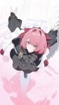  1girl absurdres angel_wings black_coat breasts closed_mouth coat commentary from_above full_body hair_intakes highres long_sleeves looking_at_viewer medium_hair pink_hair purple_eyes remielle_dan remielle_dan_(past) smile solo standing standing_on_one_leg veil white_veil white_wings wings zenless_zone_zero zeroartwo 