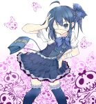  1girl :o ahoge alternate_costume bag bandaged_arm bandages blue_bow blue_bowtie blue_eyes blue_hair blue_ribbon blue_skirt blue_thighhighs blue_vest bow bowtie chuunibyou_demo_koi_ga_shitai! commentary_request eyepatch feet_out_of_frame frilled_skirt frilled_thighhighs frills hair_ribbon hamaken._(novelize) hand_in_own_hair hand_on_own_hip hand_up highres leaning_forward looking_at_viewer medical_eyepatch medium_hair one_side_up ribbon shirt short_sleeves shoulder_bag skirt skull_and_crossbones solo standing takanashi_rikka thighhighs vest white_shirt zettai_ryouiki 