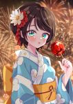  1girl absurdres aerial_fireworks alternate_costume blue_hair blue_kimono blush brown_hair candy_apple commentary_request fireworks flower food hair_flower hair_ornament highres holding holding_candy_apple holding_food hololive japanese_clothes kimono looking_at_viewer oozora_subaru open_mouth sash short_hair solo user_nkum4425 virtual_youtuber white_flower yellow_sash yukata 