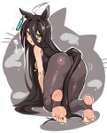  1girl ahoge all_fours animal_ears ass ass_focus bare_arms bare_shoulders black_hair black_pantyhose black_shirt blush breasts commentary_request ear_tag earrings feet foot_focus foreshortening fumitonkatsu grabbing_own_thigh hair_between_eyes highres horse_ears horse_girl horse_tail jewelry long_hair looking_at_viewer looking_back manhattan_cafe_(creeping_shadow)_(umamusume) manhattan_cafe_(umamusume) multicolored_hair necktie open_mouth pantyhose presenting_foot shirt single_earring sleeveless sleeveless_shirt soles solo stirrup_legwear sweat tail toeless_legwear toes umamusume white_hair yellow_eyes yellow_necktie 