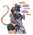  1boy 1girl animal_ears bike_shorts black_hair black_shirt brown_eyes brown_hair can cat_ears cat_girl cat_tail commentary english_commentary english_text fang furrification furry furry_female furry_male furry_with_furry futa_with_male futanari grey_hoodie highres holding holding_can hood hoodie juliana_(pokemon) kieran_(pokemon) knifedragon multicolored_hair open_mouth pink_hair pokemon pokemon_scarlet_and_violet shirt speech_bubble tail testicles two-tone_hair 