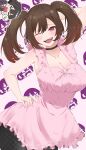  1boy 1girl :3 :d aijou_rentarou alternate_costume alternate_hair_length_(longer) arm_behind_head arm_up armpit_crease black_choker black_jacket black_pantyhose blazer bonnouji_momoha bow breasts brown_hair chibi chibi_inset choker cleavage closed_eyes collarbone collared_shirt commentary_request cowboy_shot crying double-parted_bangs dress dress_bow fangs fishnet_pantyhose fishnets frilled_dress frills hair_between_eyes hand_on_own_hip highres holding holding_sign jacket kimi_no_koto_ga_dai_dai_dai_dai_daisuki_na_100-nin_no_kanojo large_breasts looking_at_viewer nanraka necktie official_alternate_hairstyle ohananomitsu_high_school_uniform one_eye_closed outline pantyhose pink_background pink_dress raised_inner_eyebrows red_eyes red_necktie school_uniform score shirt short_dress short_hair sign sleeveless sleeveless_dress smile streaming_tears tears thick_eyebrows twintails v-shaped_eyebrows white_outline white_shirt 