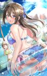  2girls ass bikini blue_bikini breasts brown_hair commentary_request day green_bikini grey_hair highres innertube long_hair love_live! love_live!_nijigasaki_high_school_idol_club medium_breasts multiple_girls nakasu_kasumi osaka_shizuku outdoors pool shiitake_taishi short_hair swim_ring swimsuit wet 