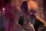  1boy 1girl adam's_apple ahoge alternate_costume aroused black_jacket black_sleeves blue_eyes blue_gem blunt_ends blurry blush bow bowtie bright_pupils cake cake_slice candle candlelight candlestand city_lights contemporary couple cream cream_in_mouth cream_on_face cream_on_hands crystal_earrings curtains depth_of_field dress_shirt ear_blush earrings eyelashes food food_on_face formal_clothes fruit gem genshin_impact hair_intakes half-closed_eyes hand_on_another's_arm hand_on_another's_head head_back heart heart-shaped_pupils hetero highres holding holding_food huge_ahoge indoors jacket jewelry lapels licking licking_another's_face licking_food lipstick long_hair looking_at_another makeup notched_lapels nozumi_yuuna_(yoontrsh) oc_x_canon open_mouth original pink_hair pink_lips pink_nails purple_eyes purple_nails scaramouche_(genshin_impact) shirt shoulder_blush single_bare_shoulder smeared_lipstick squinting strawberry strawberry_shortcake suit_jacket symbol-shaped_pupils teeth tongue tongue_out undershirt upper_teeth_only white_bow white_bowtie white_pupils white_shirt window wispy_bangs wolf_cut yoontrsh 
