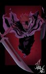  1boy asymmetrical_dual_wielding attacking_viewer backlighting black_border black_hakama black_kimono black_sclera bleach bleach:_sennen_kessen-hen border brown_eyes colored_sclera commentary_request dual_wielding facial_mark forehead full_body hakama heterochromia highres holding holding_sword holding_weapon hole_in_chest hole_on_body horn_of_salvation japanese_clothes kimono kurosaki_ichigo leaning_forward long_sleeves looking_at_viewer male_focus mismatched_sclera multiple_swords nose orange_hair outside_border parted_lips red_background shikai short_hair signature simple_background solo spiked_hair sword tabi torn_clothes torn_kimono torn_sleeves true_zangetsu_(shikai) upturned_eyes v-shaped_eyebrows weapon wide_sleeves yellow_eyes zipy-zip-zip06 