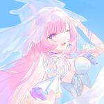  1girl :o ;o blue_sky breasts bridal_veil chimoridayooooo commentary_request cyrene_(demiurge)_(honkai:_star_rail) cyrene_(honkai:_star_rail) derivative_work detached_sleeves diamond-shaped_pupils diamond_(shape) dress earrings honkai:_star_rail honkai_(series) jewelry large_breasts long_hair looking_at_viewer one_eye_closed pink_hair planet_earrings purple_eyes sky smile solo symbol-shaped_pupils veil very_long_hair white_dress 