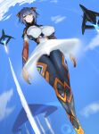  1girl absurdres bodysuit breasts closed_mouth cloud colossus_(natsukaze_shigure) commentary_request giant giantess gloves green_eyes grey_hair highres multicolored_bodysuit natsukaze_shigure orange_bodysuit orange_gloves original short_hair sky white_bodysuit 